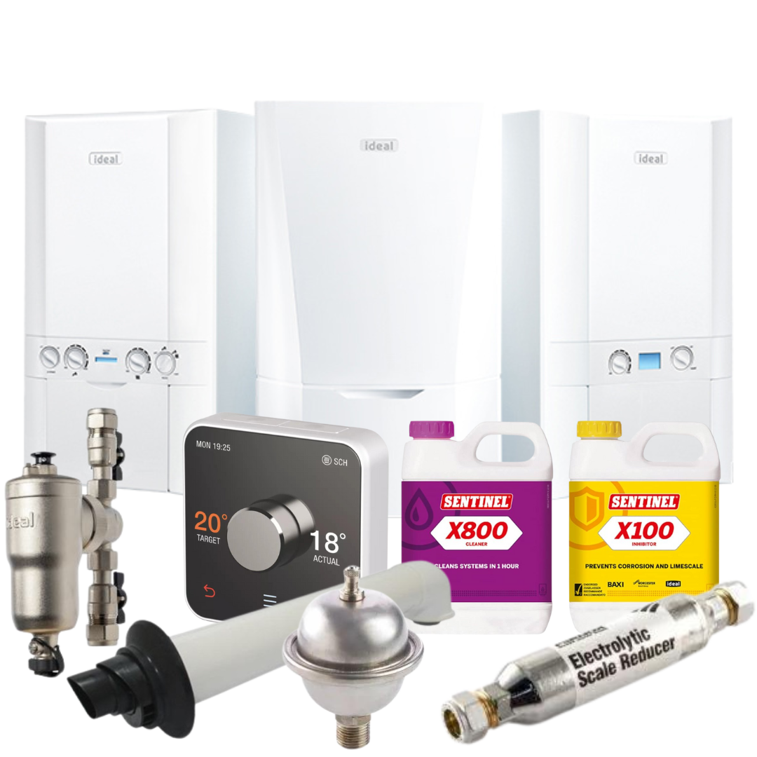 Complete boiler installation package by Freeflo Plumbing & Heating, featuring Ideal boilers, flue, thermostat, scale reducer, magnetic filter, and cleaner and inhibitor.